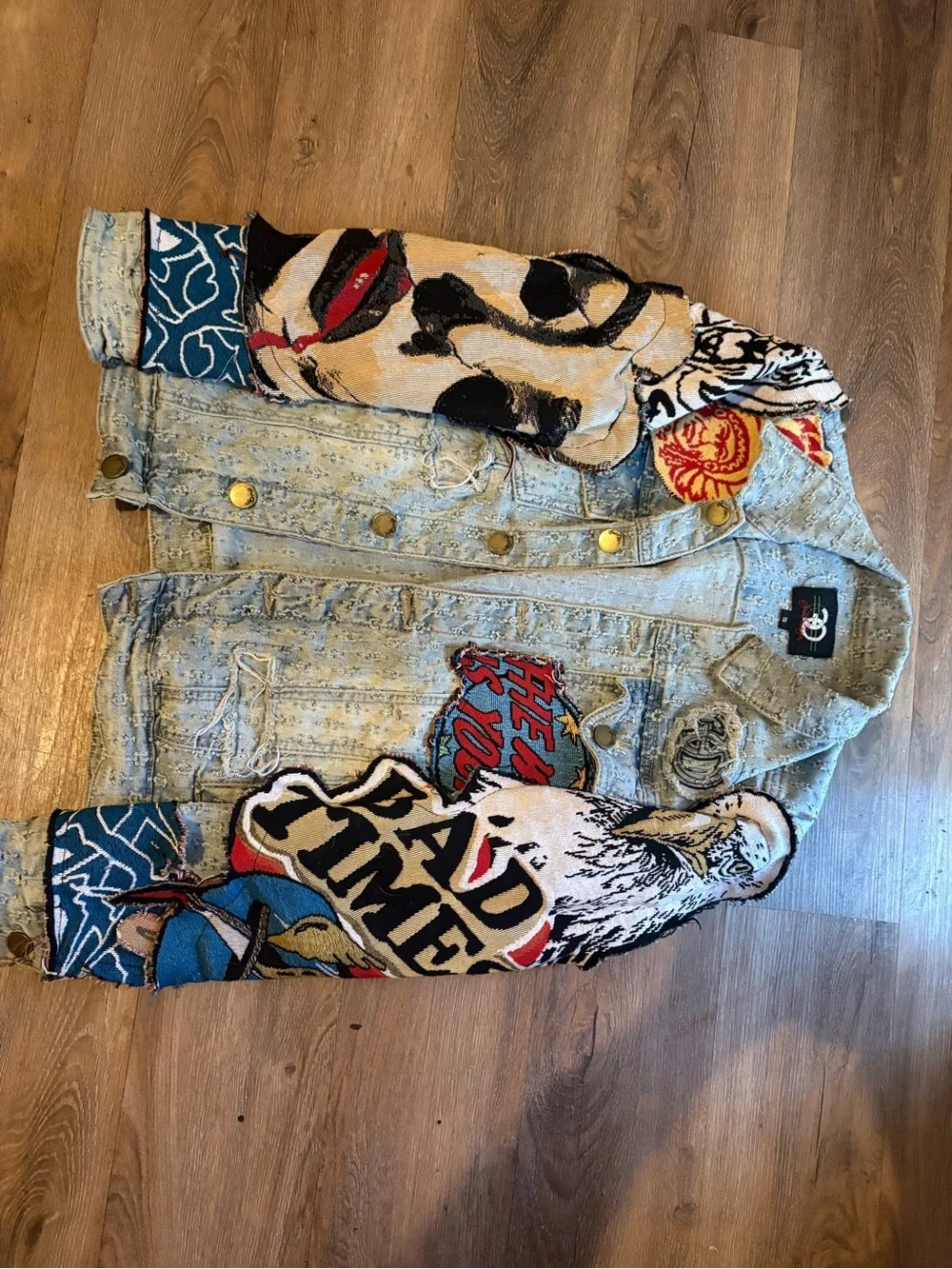 Free People Light Wash Distressed Denim Jacket with Embroidered Skull Patch - Picture 3 of 3
